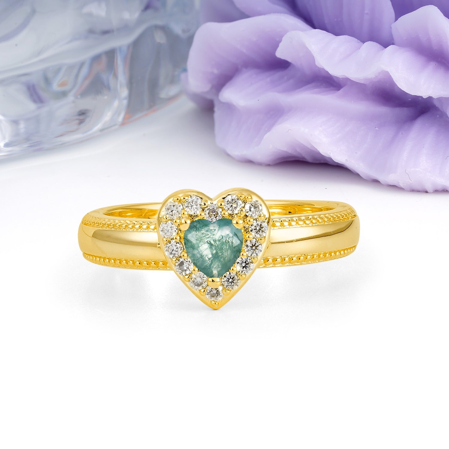 Classic Vintage 3 Prong Heart Cut Moss Agate Engagement Ring - Additional view
