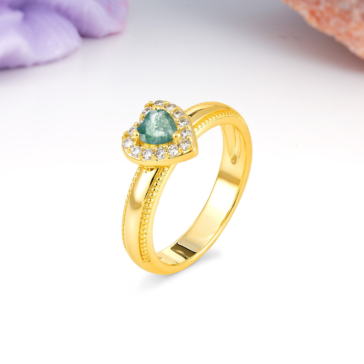 Classic Vintage 3 Prong Heart Cut Moss Agate Engagement Ring - Additional view