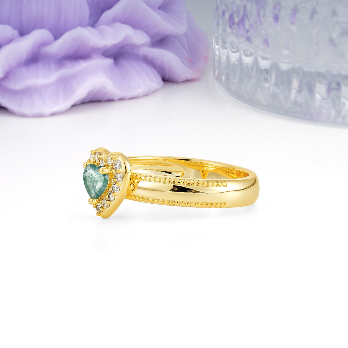 Classic Vintage 3 Prong Heart Cut Moss Agate Engagement Ring - Additional view
