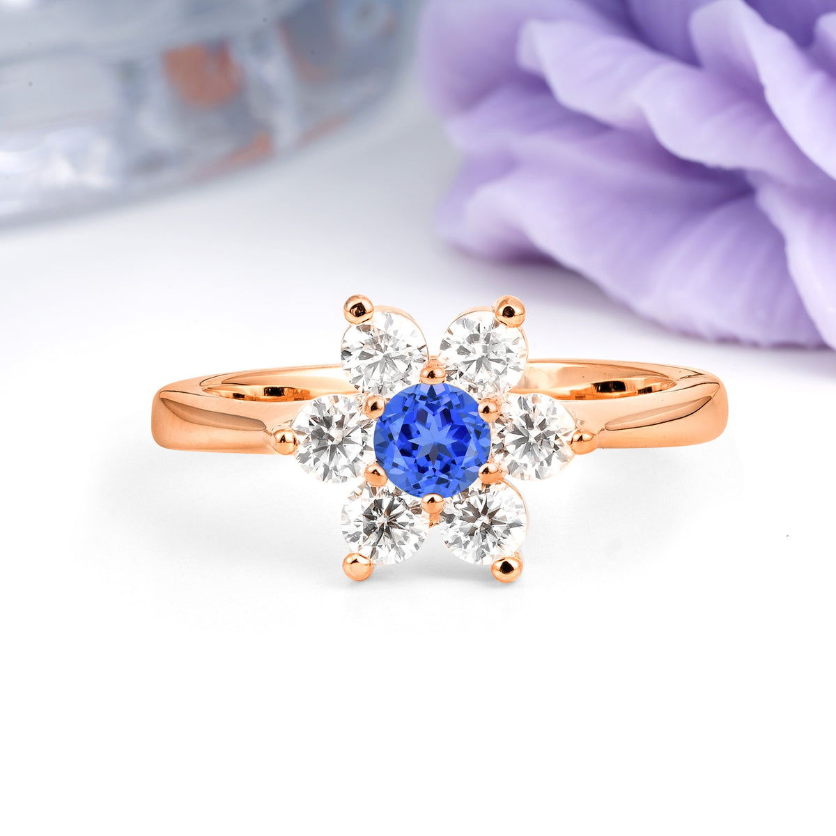 Unique Flower-Shaped 6-Prong Round Cut Sapphire Engagement Ring - Additional view