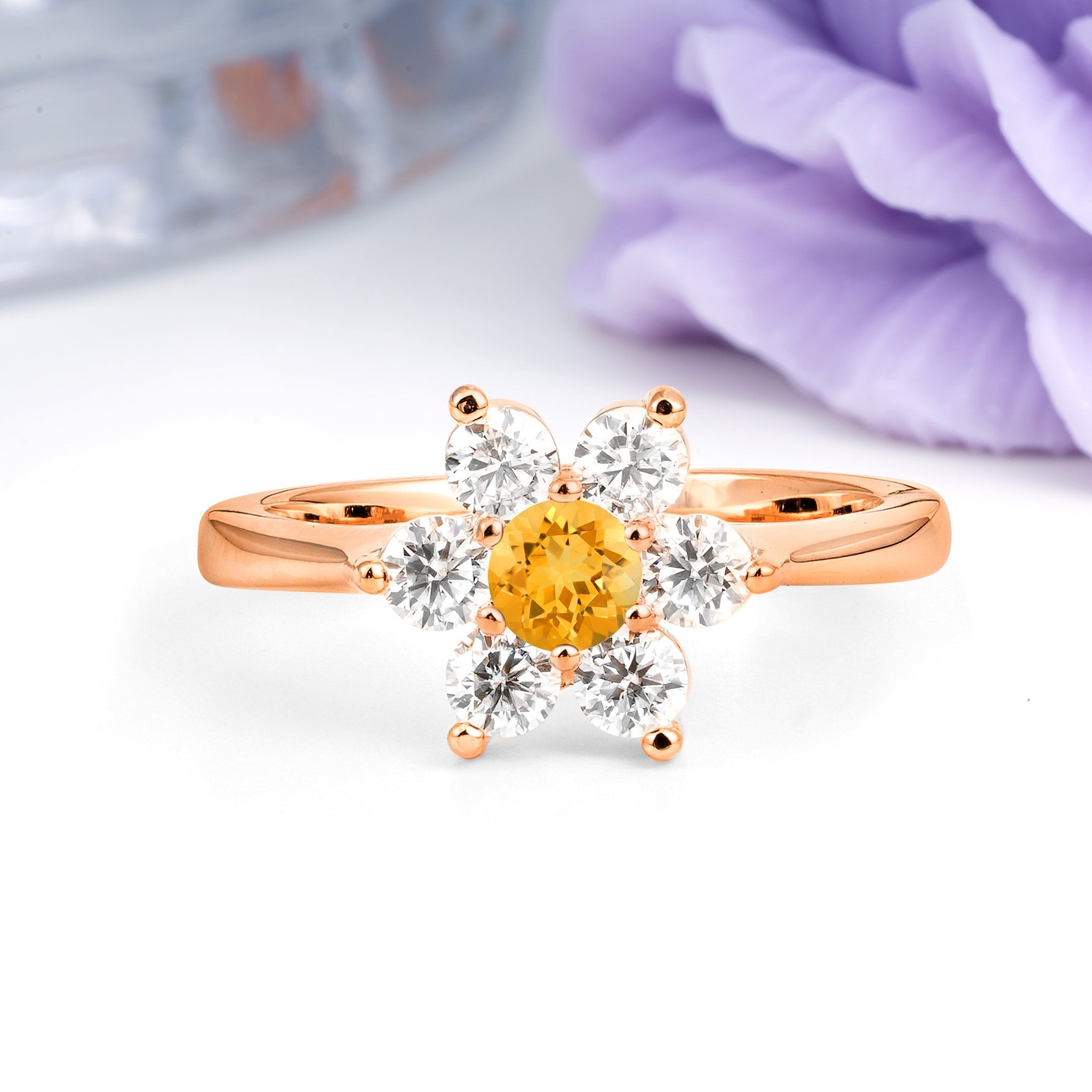 Unique Flower-Shaped 6-Prong Round Cut Citrine Engagement Ring - Additional view