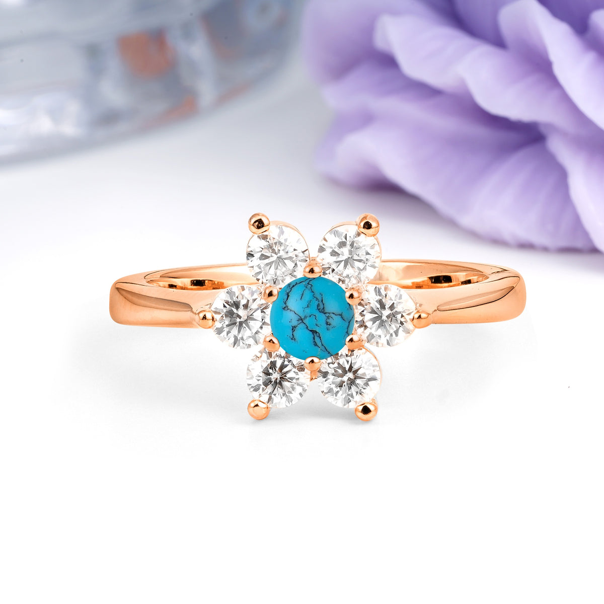 Unique Flower-Shaped 6-Prong Round Cut Turquoise Engagement Ring - Additional view