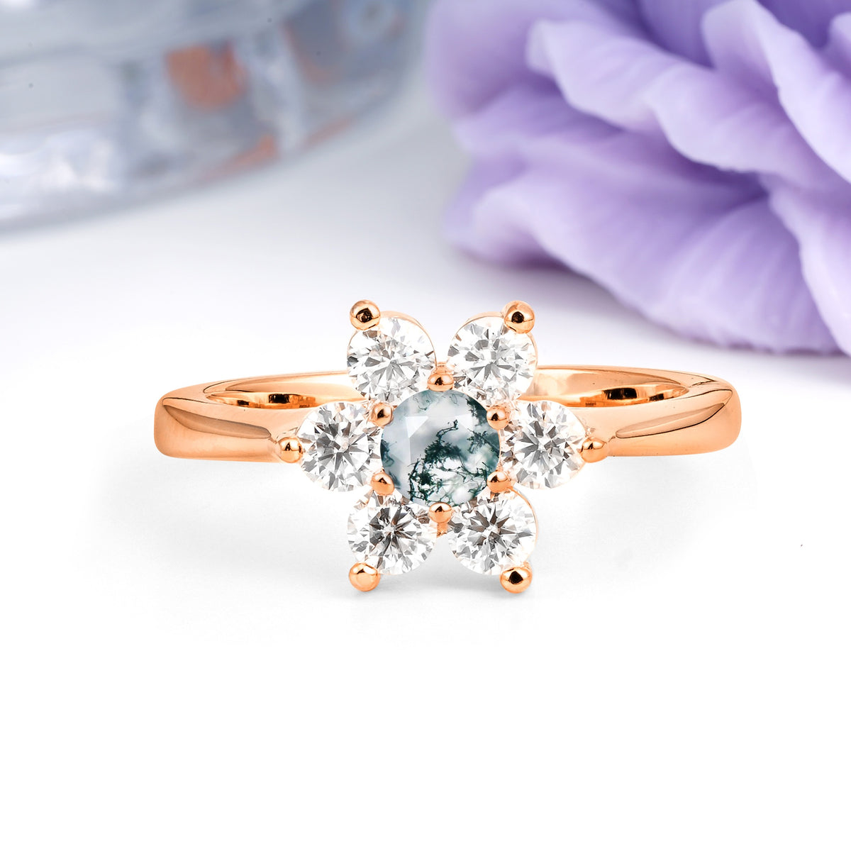 Unique Flower-Shaped 6-Prong Round Cut Moss Agate Engagement Ring - Additional view