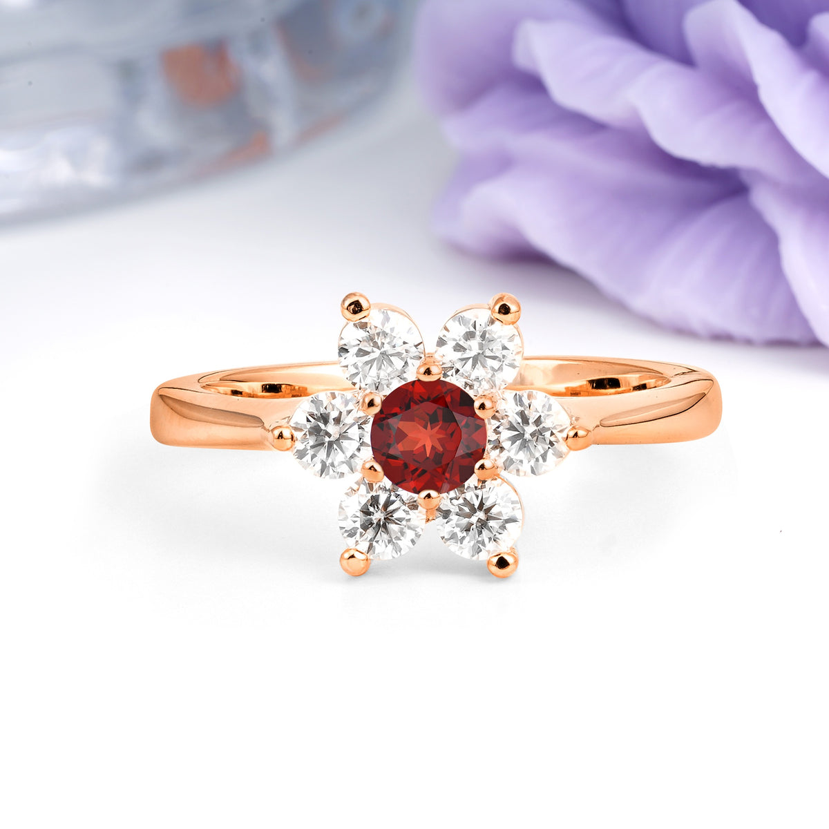 Unique Flower-Shaped 6-Prong Round Cut Garnet Engagement Ring - Additional view