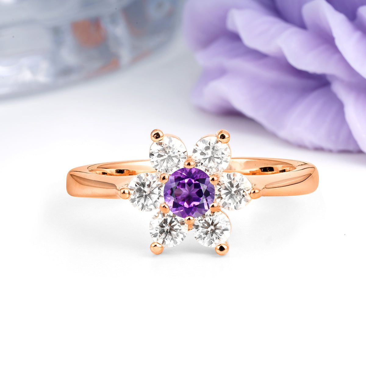 Unique Flower-Shaped 6-Prong Round Cut Amethyst Engagement Ring - Additional view