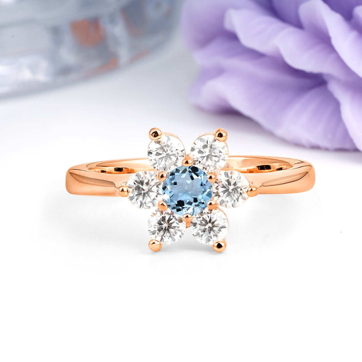 Unique Flower-Shaped 6-Prong Round Cut Aquamarine Engagement Ring - Additional view