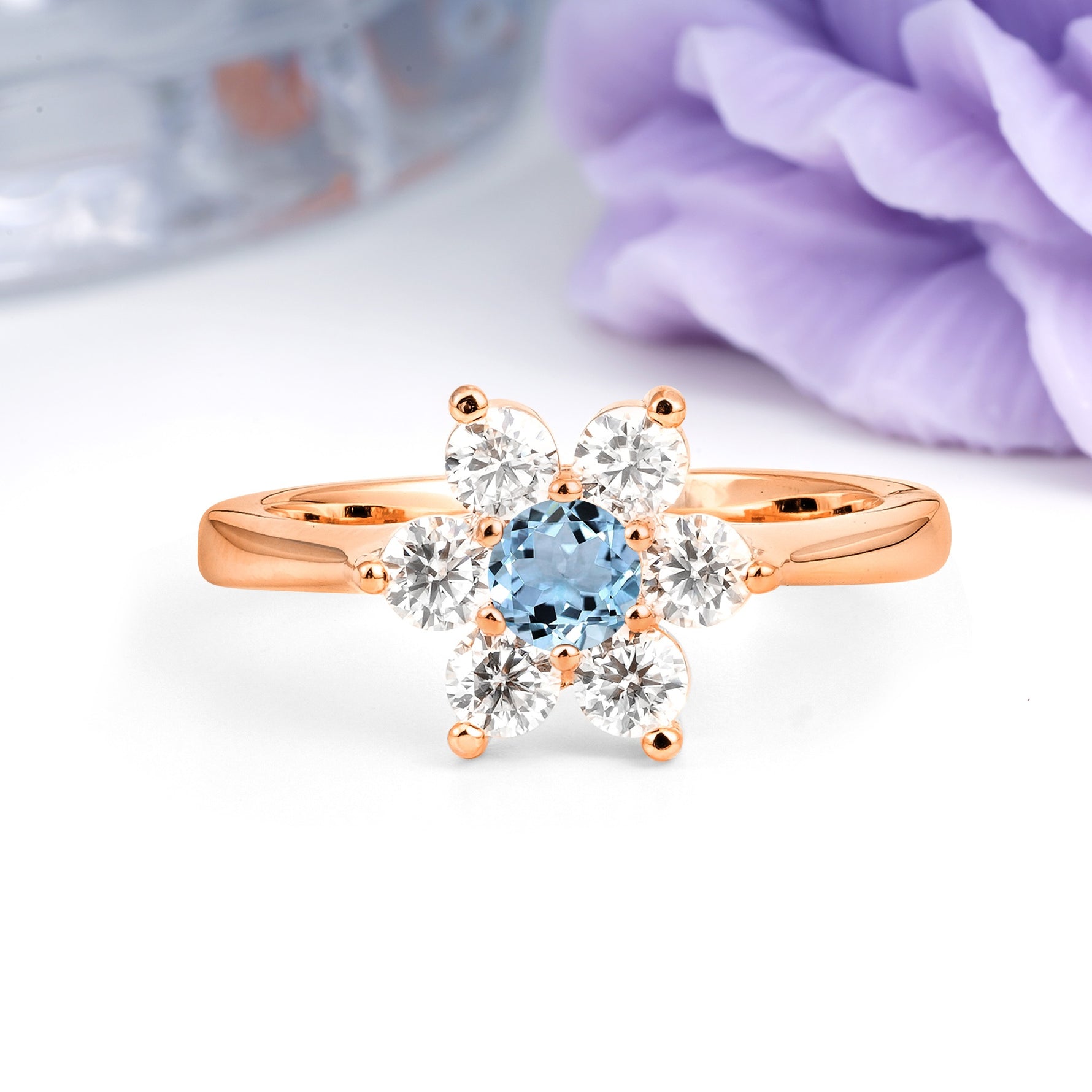 Unique Flower-Shaped 6-Prong Round Cut Aquamarine Engagement Ring - Additional view