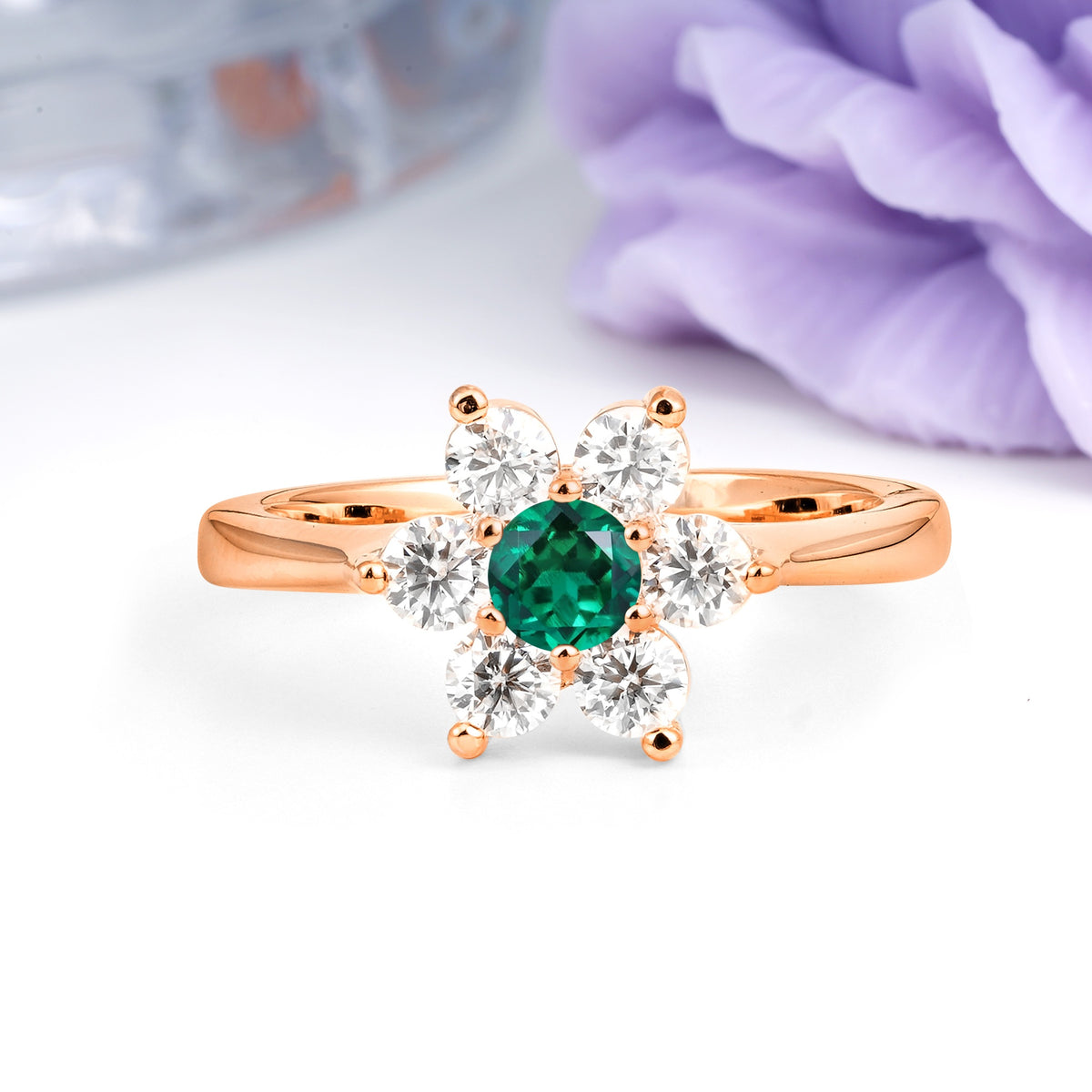 Unique Flower-Shaped 6-Prong Round Cut Emerald Engagement Ring - Additional view