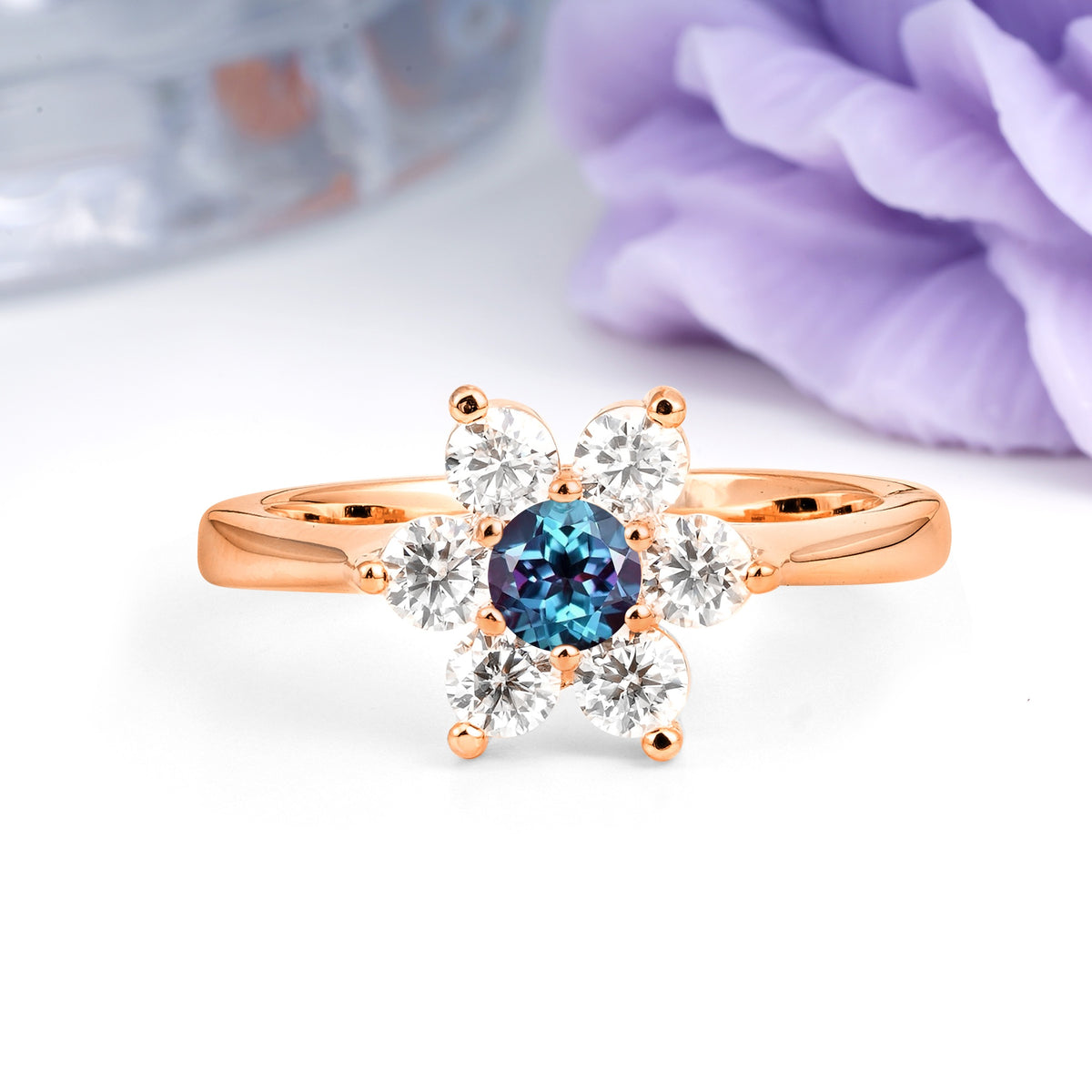 Unique Flower-Shaped 6-Prong Round Cut Alexandrite Engagement Ring - Additional view