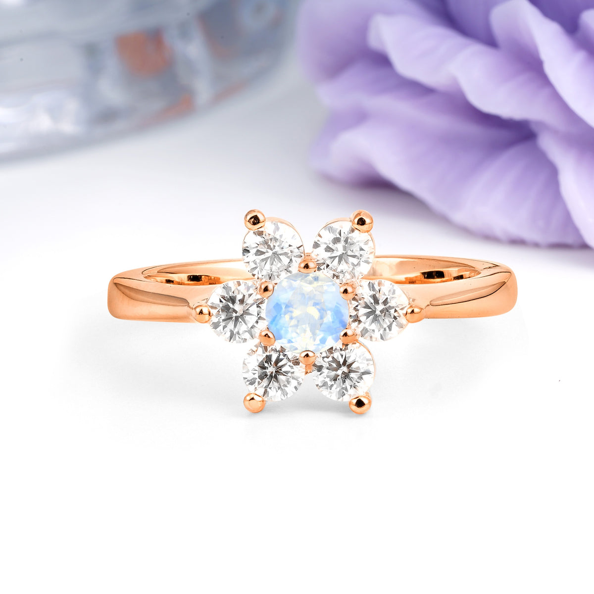 Unique Flower-Shaped 6-Prong Round Cut Moonstone Engagement Ring - Additional view
