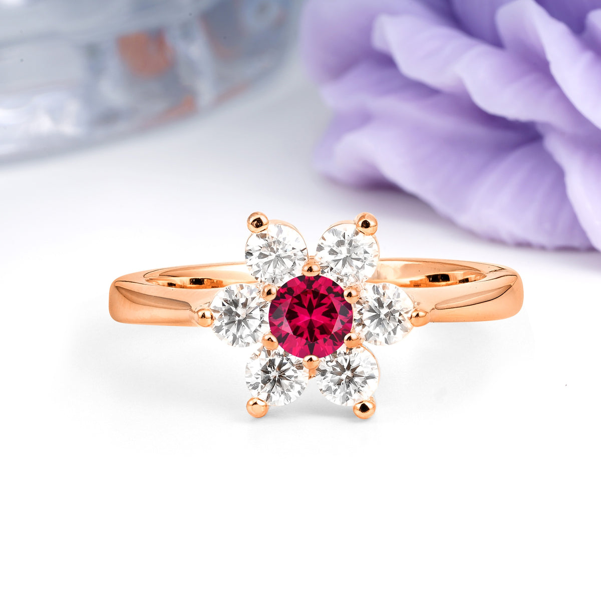 Unique Flower-Shaped 6-Prong Round Cut Ruby Engagement Ring - Additional view