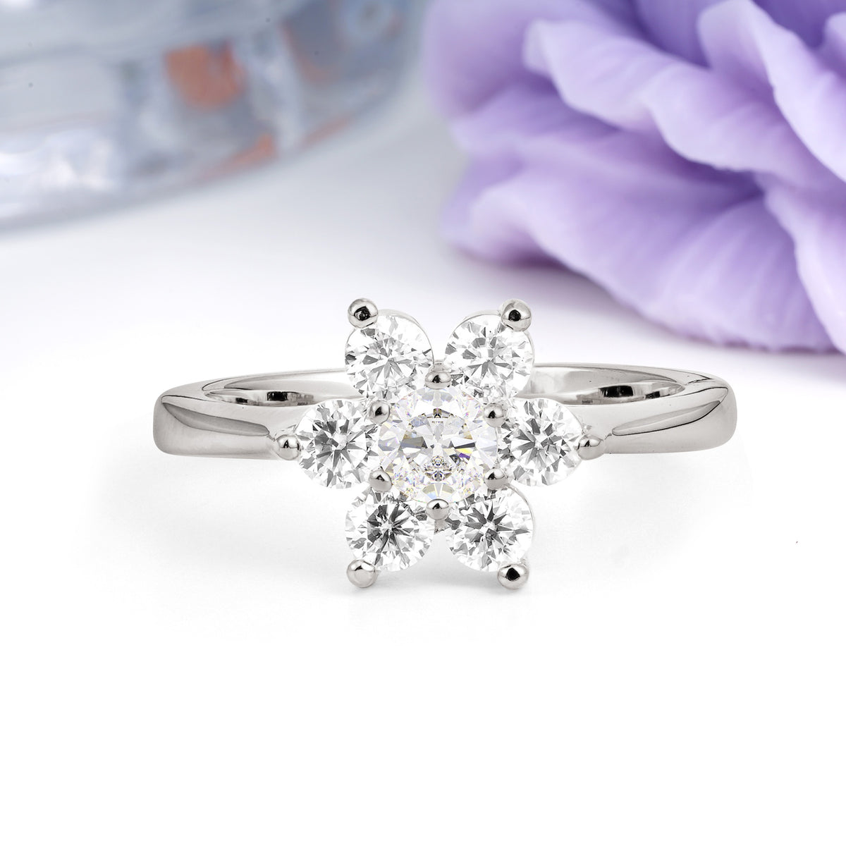 Unique Flower-Shaped 6-Prong Round Cut Moissanite Engagement Ring - Additional view