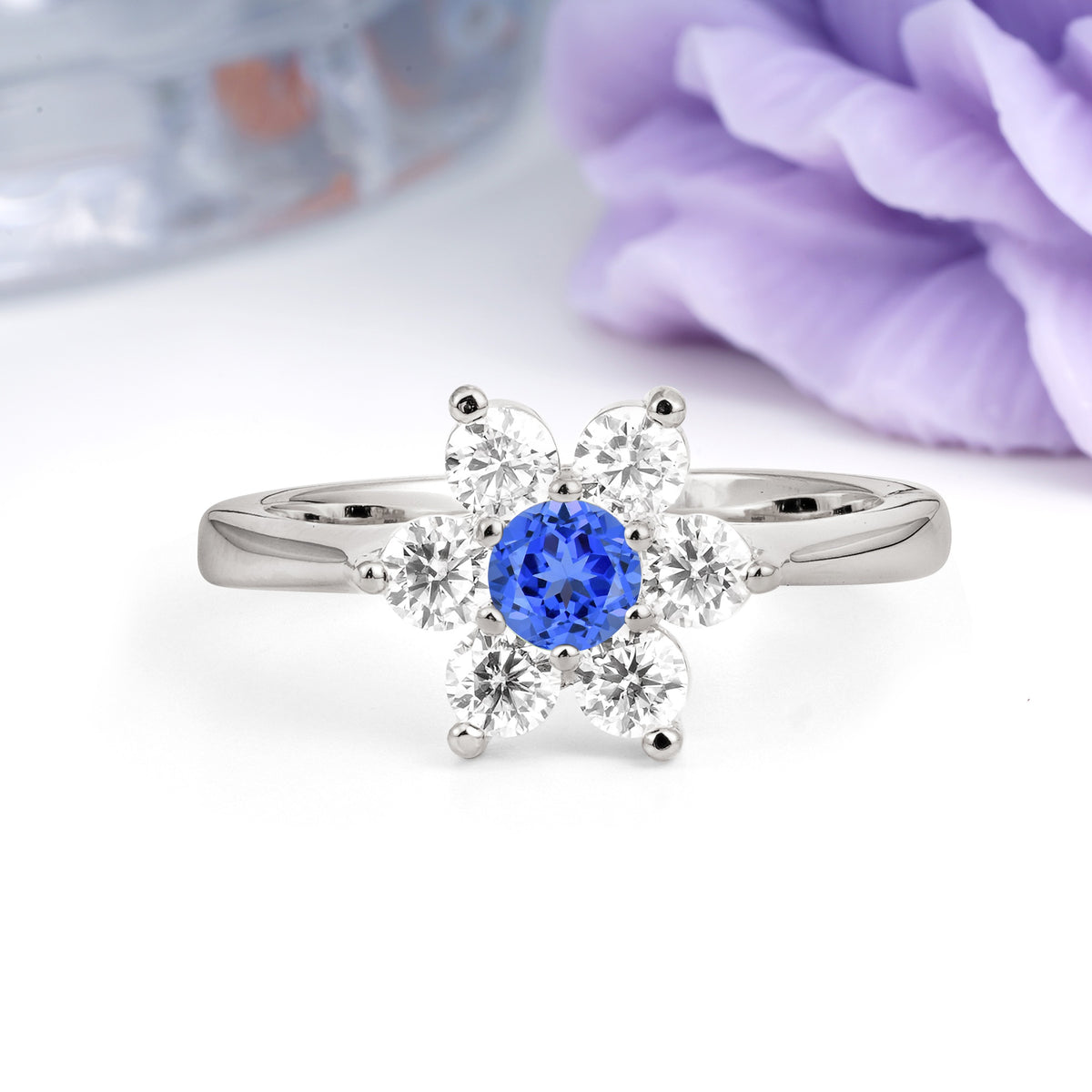 Unique Flower-Shaped 6-Prong Round Cut Sapphire Engagement Ring - Additional view