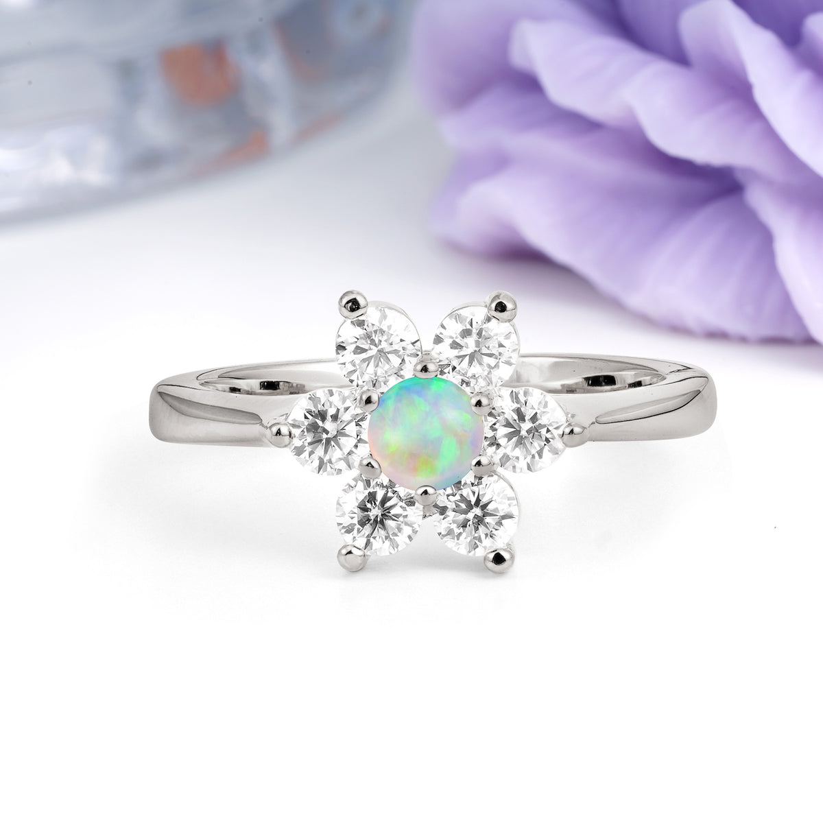 Unique Flower-Shaped 6-Prong Round Cut Fire Opal Engagement Ring - Additional view