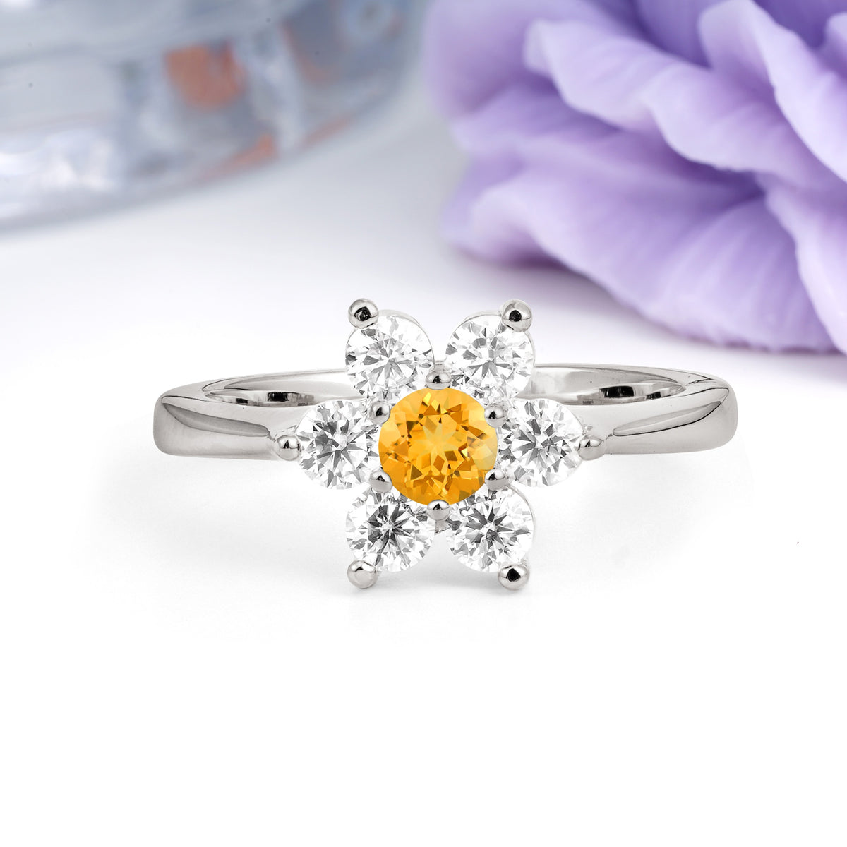 Unique Flower-Shaped 6-Prong Round Cut Citrine Engagement Ring - Additional view