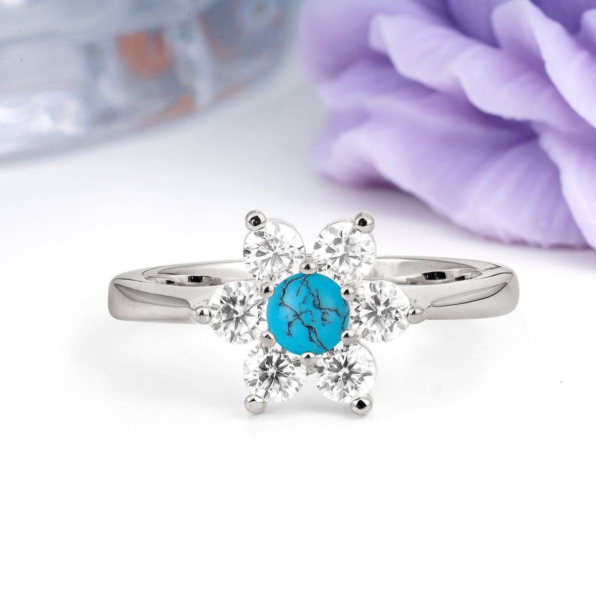 Unique Flower-Shaped 6-Prong Round Cut Turquoise Engagement Ring - Additional view