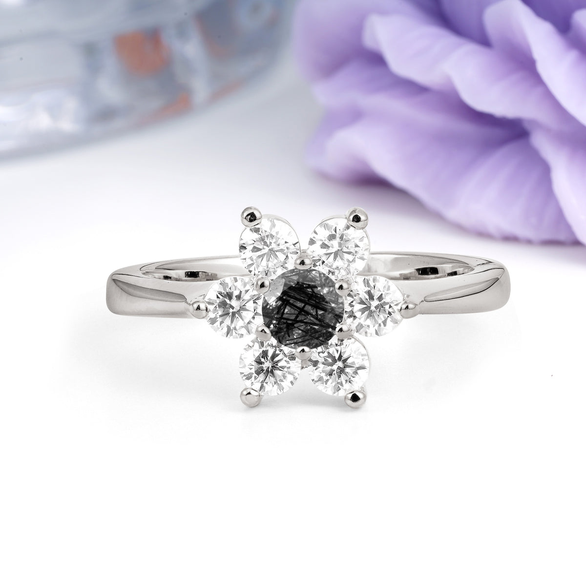 Unique Flower-Shaped 6-Prong Round Cut Black Rutilated Quartz Engagement Ring - Additional view
