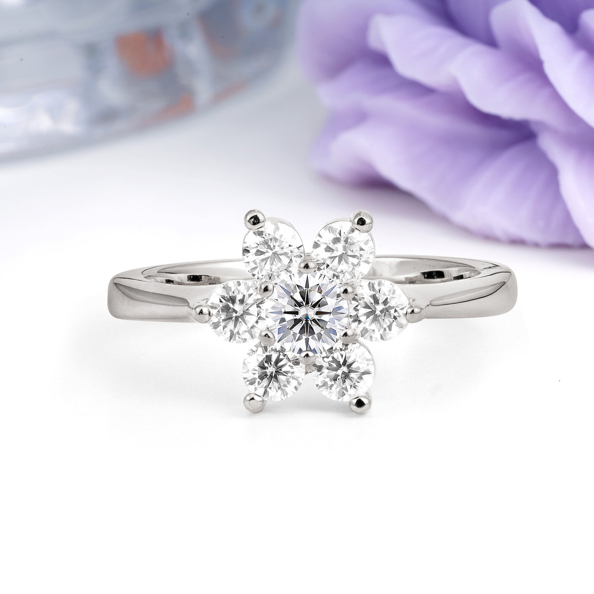 Unique Flower-Shaped 6-Prong Round Cut Lab Diamond Engagement Ring - Additional view