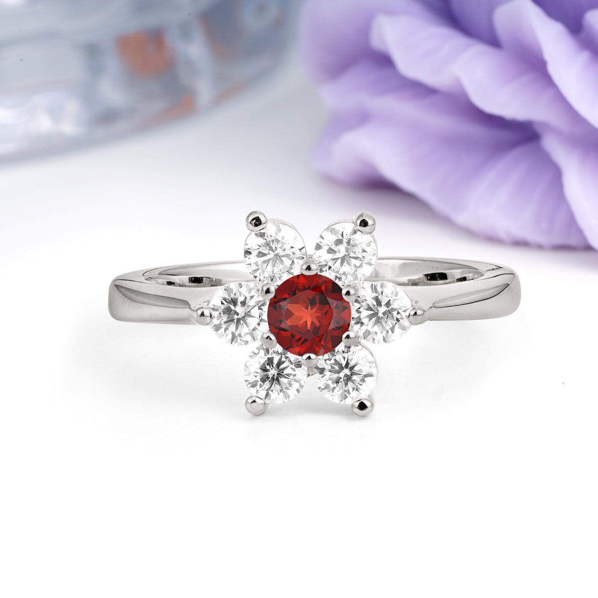 Unique Flower-Shaped 6-Prong Round Cut Garnet Engagement Ring - Additional view