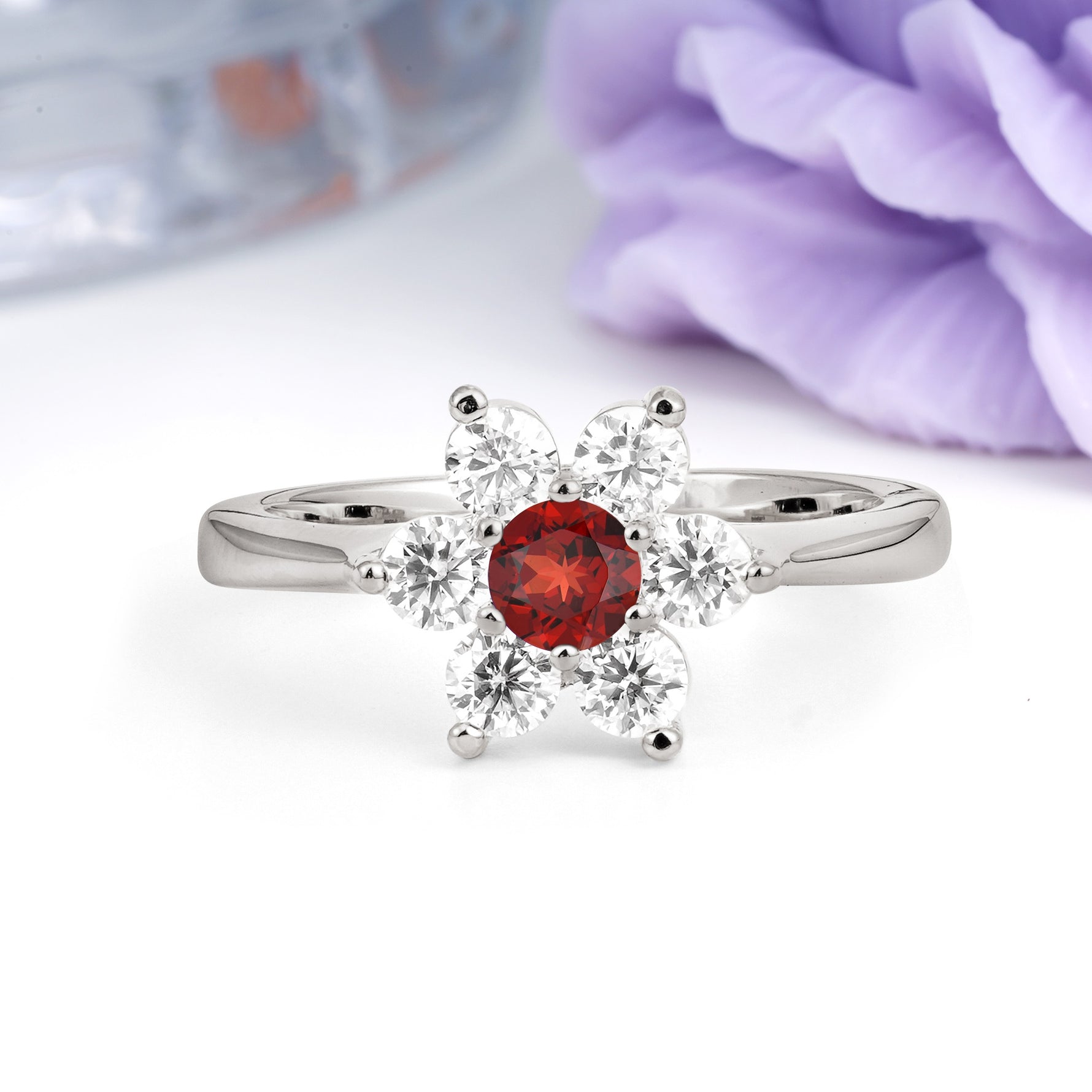 Unique Flower-Shaped 6-Prong Round Cut Garnet Engagement Ring - Additional view