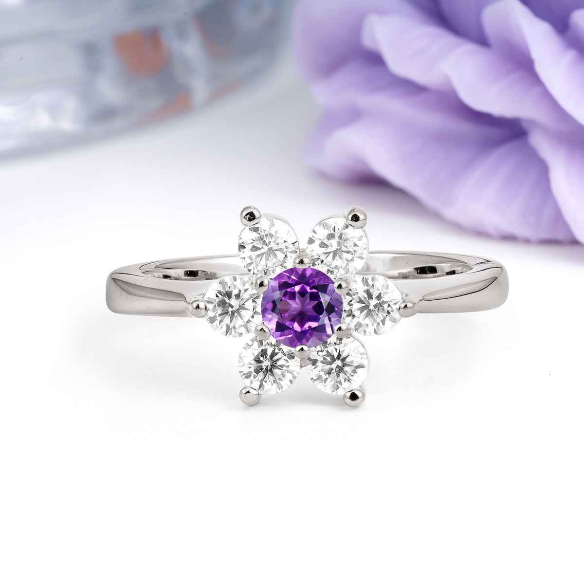 Unique Flower-Shaped 6-Prong Round Cut Amethyst Engagement Ring - Additional view
