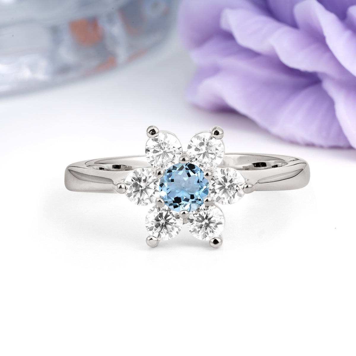 Unique Flower-Shaped 6-Prong Round Cut Aquamarine Engagement Ring - Additional view