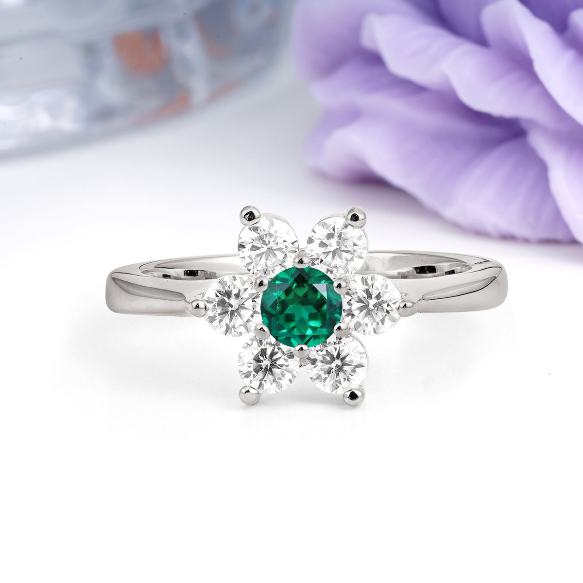 Unique Flower-Shaped 6-Prong Round Cut Emerald Engagement Ring - Additional view