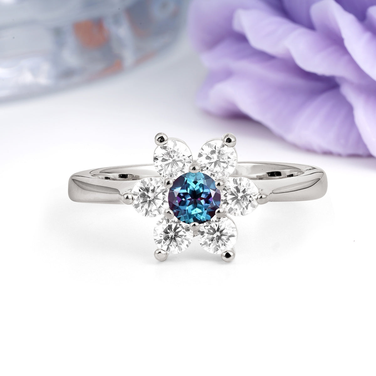 Unique Flower-Shaped 6-Prong Round Cut Alexandrite Engagement Ring - Additional view