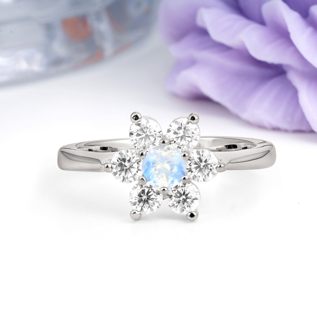 Unique Flower-Shaped 6-Prong Round Cut Moonstone Engagement Ring - Additional view