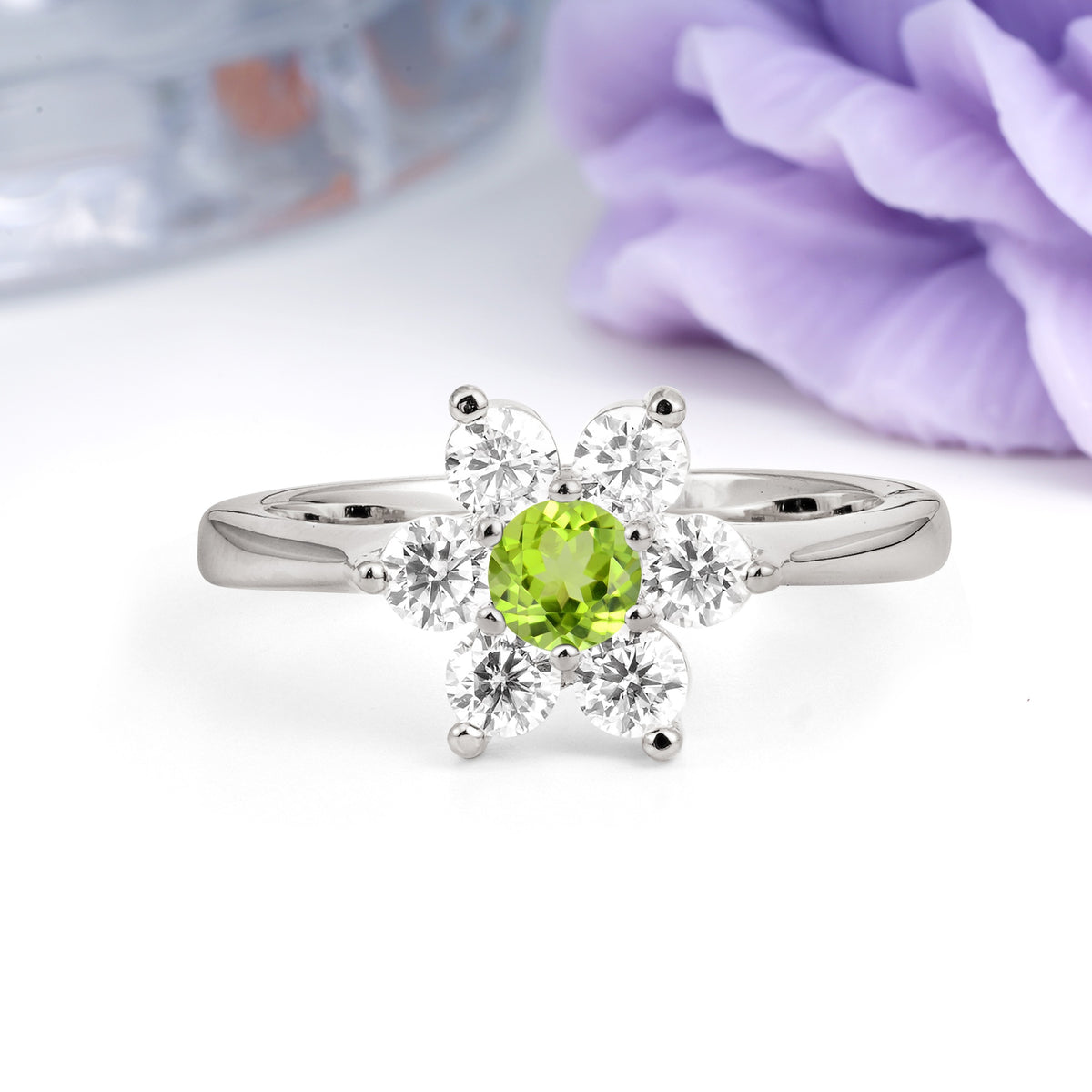 Unique Flower-Shaped 6-Prong Round Cut Peridot Engagement Ring - Additional view