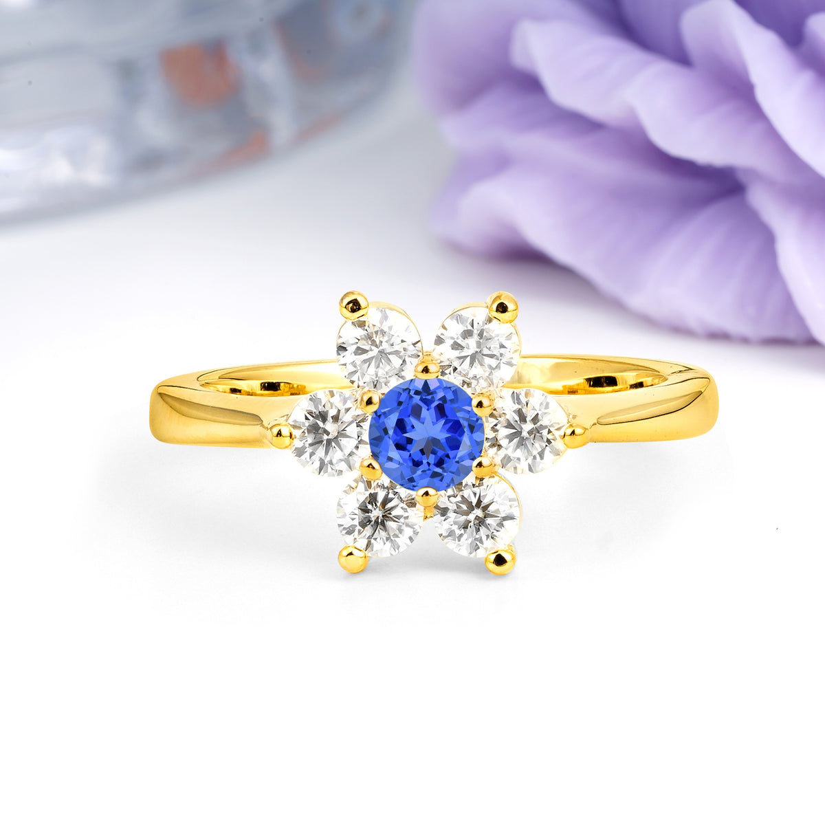 Unique Flower-Shaped 6-Prong Round Cut Sapphire Engagement Ring - Additional view