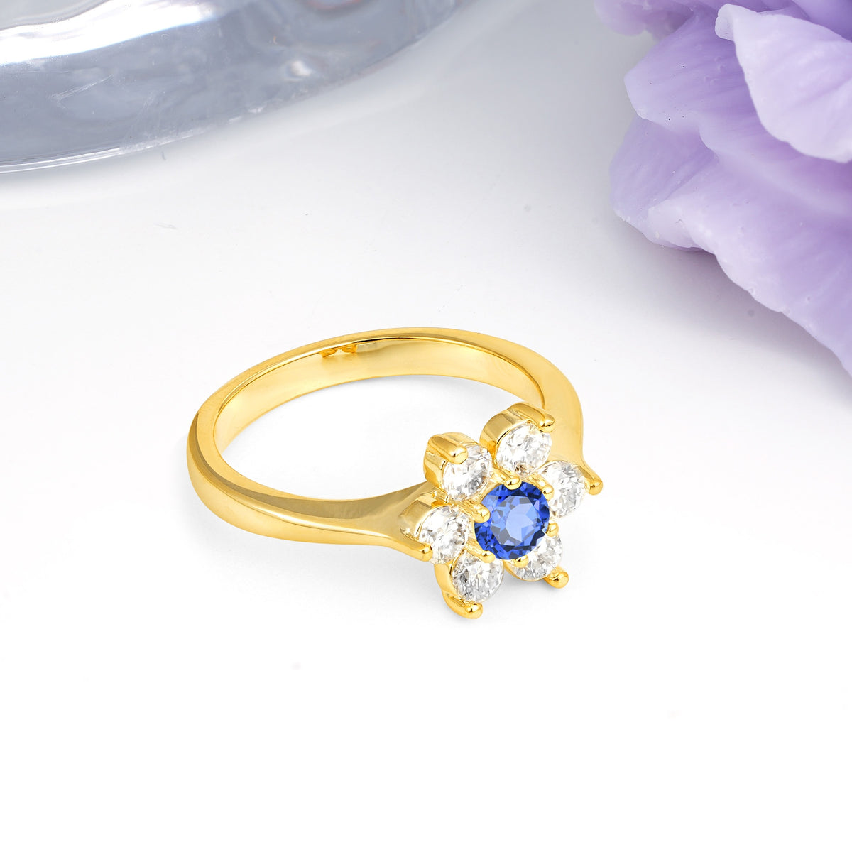 Unique Flower-Shaped 6-Prong Round Cut Sapphire Engagement Ring - Additional view
