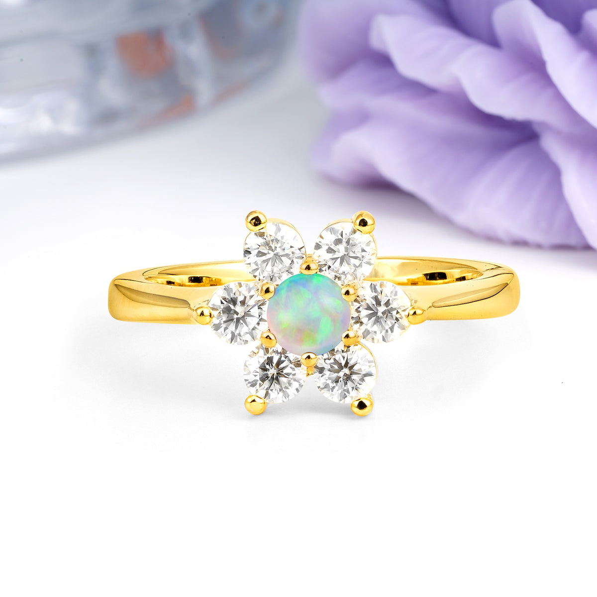 Unique Flower-Shaped 6-Prong Round Cut Fire Opal Engagement Ring - Additional view