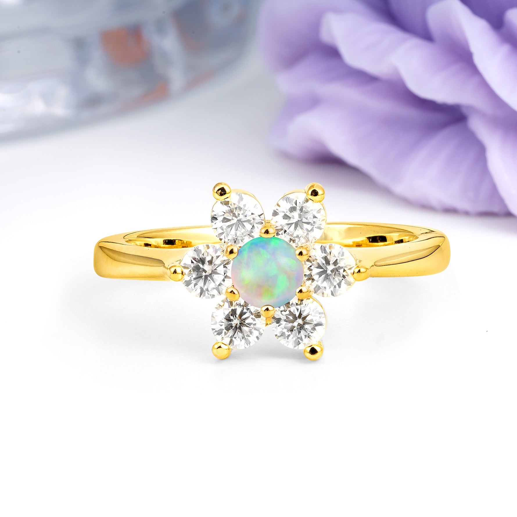 Unique Flower-Shaped 6-Prong Round Cut Fire Opal Engagement Ring - Additional view