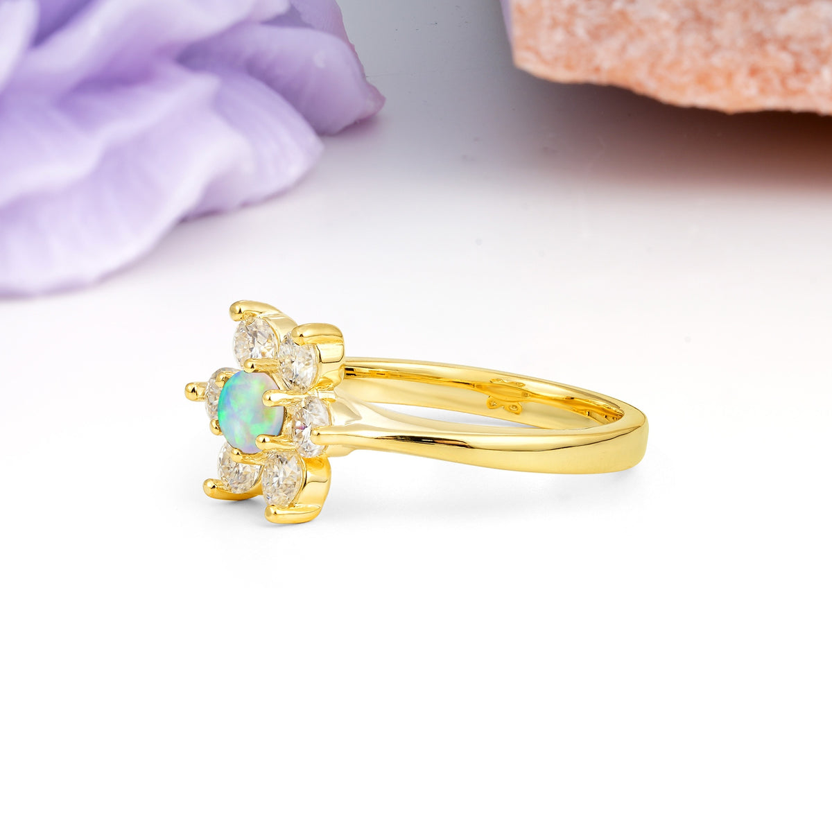 Unique Flower-Shaped 6-Prong Round Cut Fire Opal Engagement Ring - Additional view