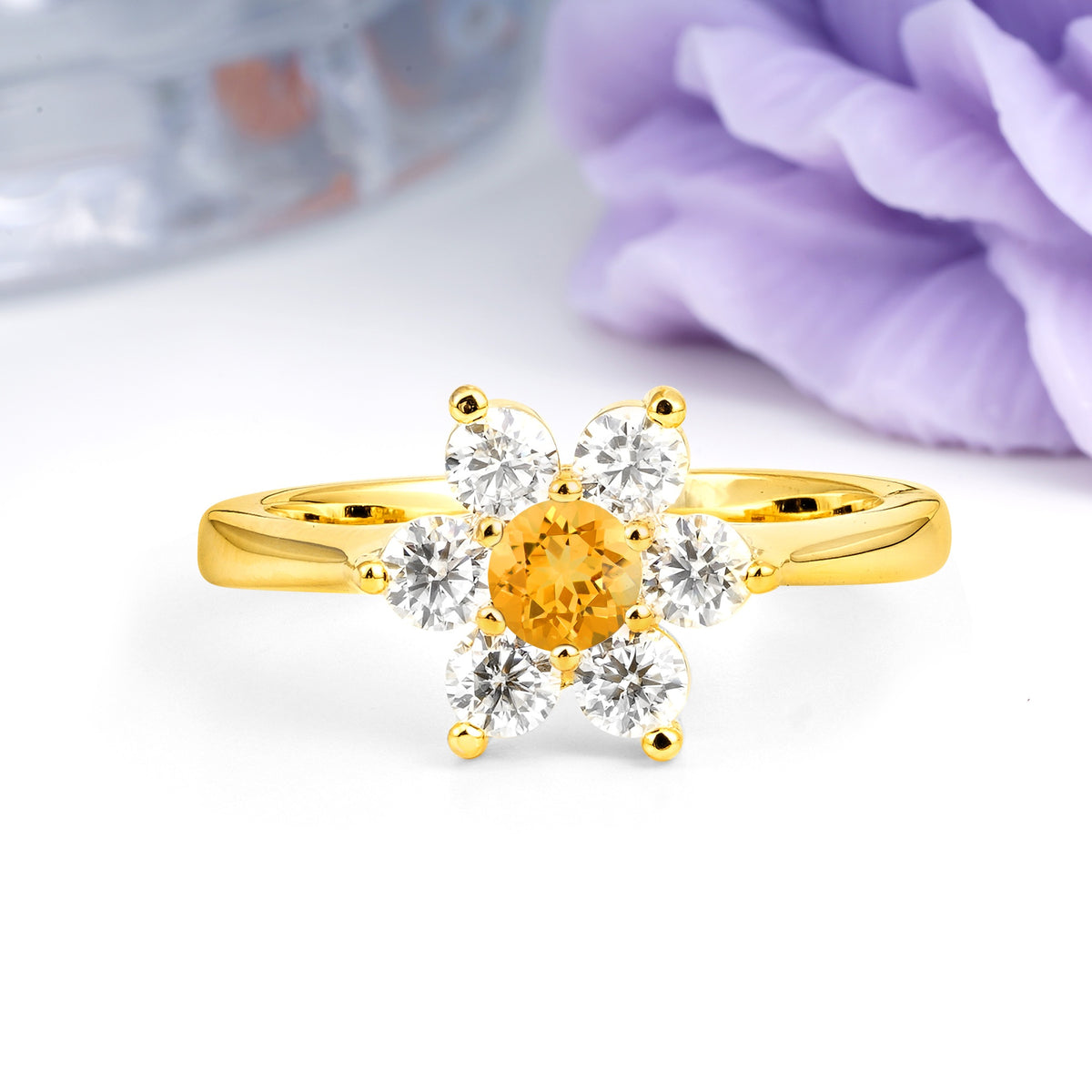 Unique Flower-Shaped 6-Prong Round Cut Citrine Engagement Ring - Additional view