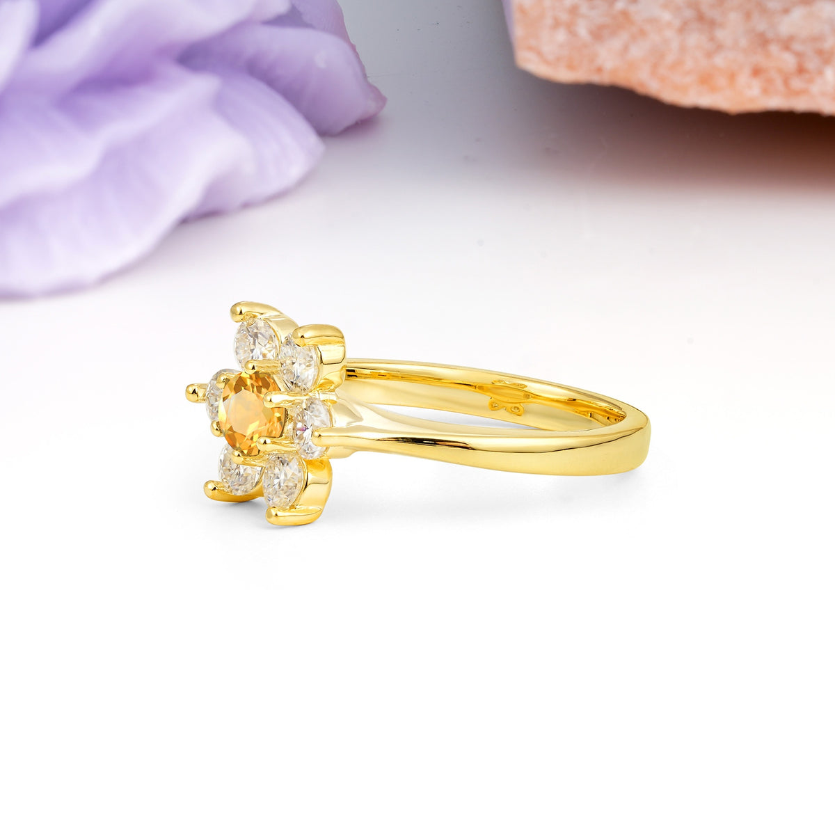 Unique Flower-Shaped 6-Prong Round Cut Citrine Engagement Ring - Additional view