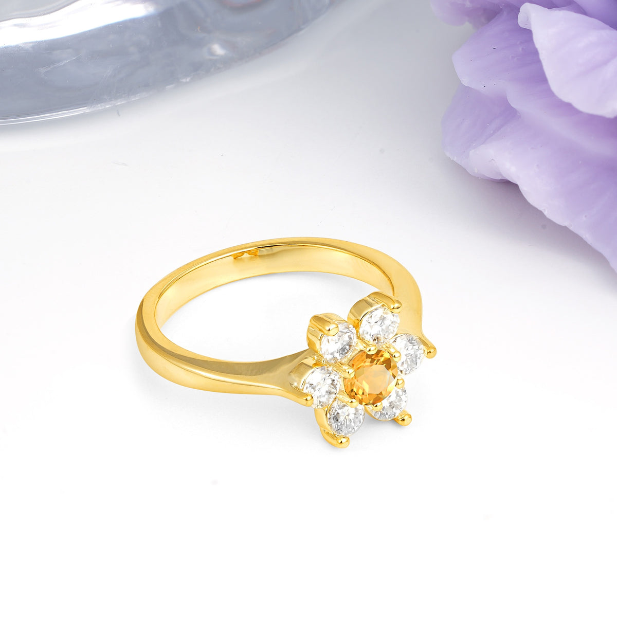 Unique Flower-Shaped 6-Prong Round Cut Citrine Engagement Ring - Additional view