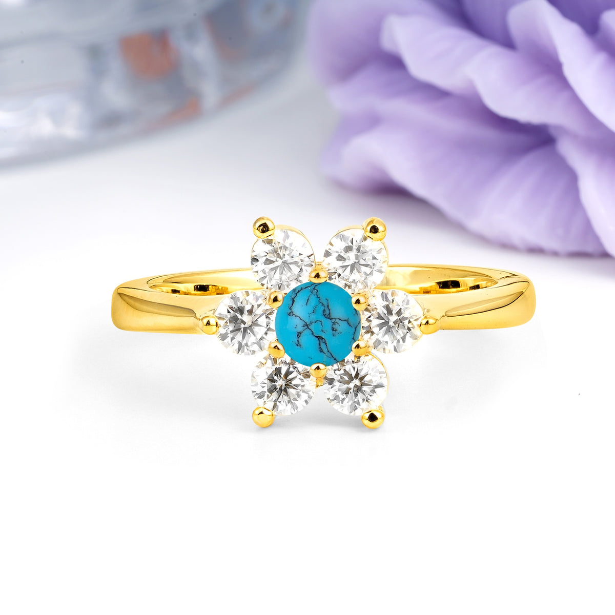 Unique Flower-Shaped 6-Prong Round Cut Turquoise Engagement Ring - Additional view