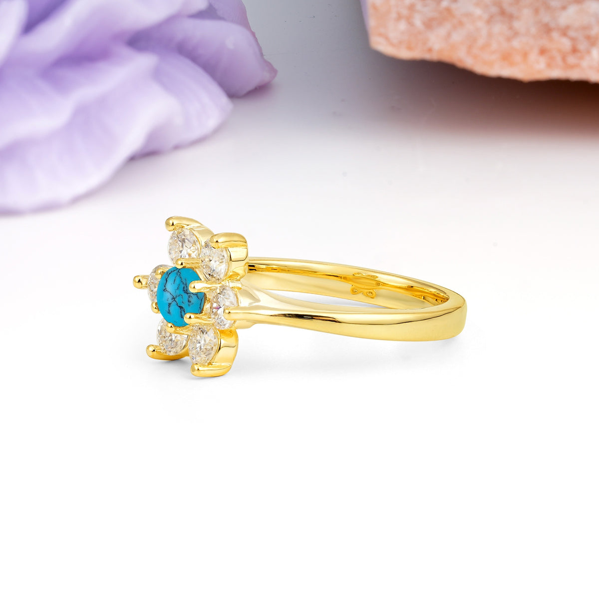 Unique Flower-Shaped 6-Prong Round Cut Turquoise Engagement Ring - Additional view