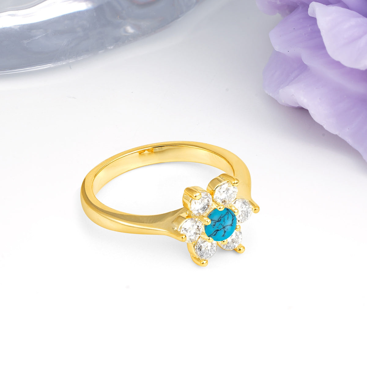 Unique Flower-Shaped 6-Prong Round Cut Turquoise Engagement Ring - Additional view