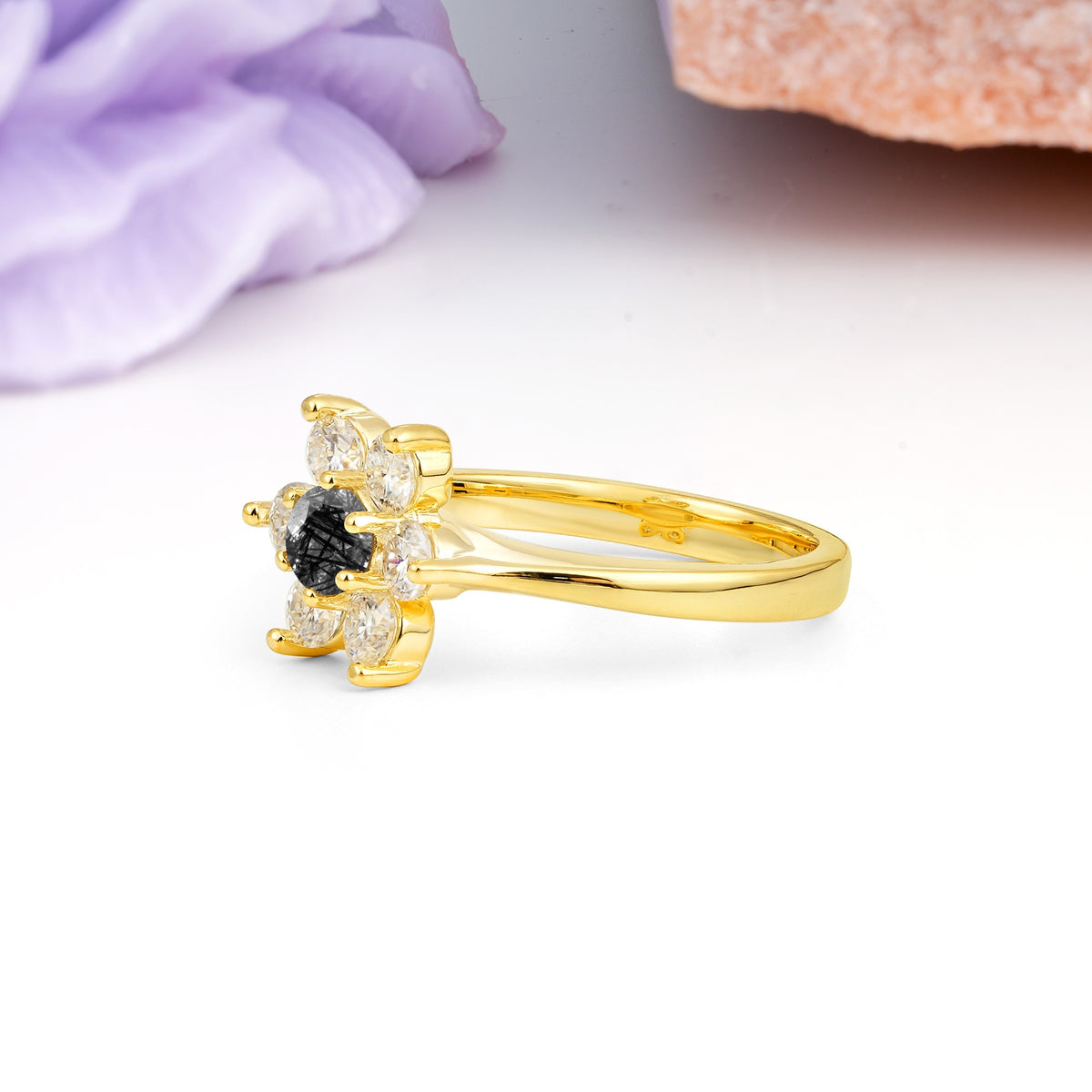 Unique Flower-Shaped 6-Prong Round Cut Black Rutilated Quartz Engagement Ring - Additional view