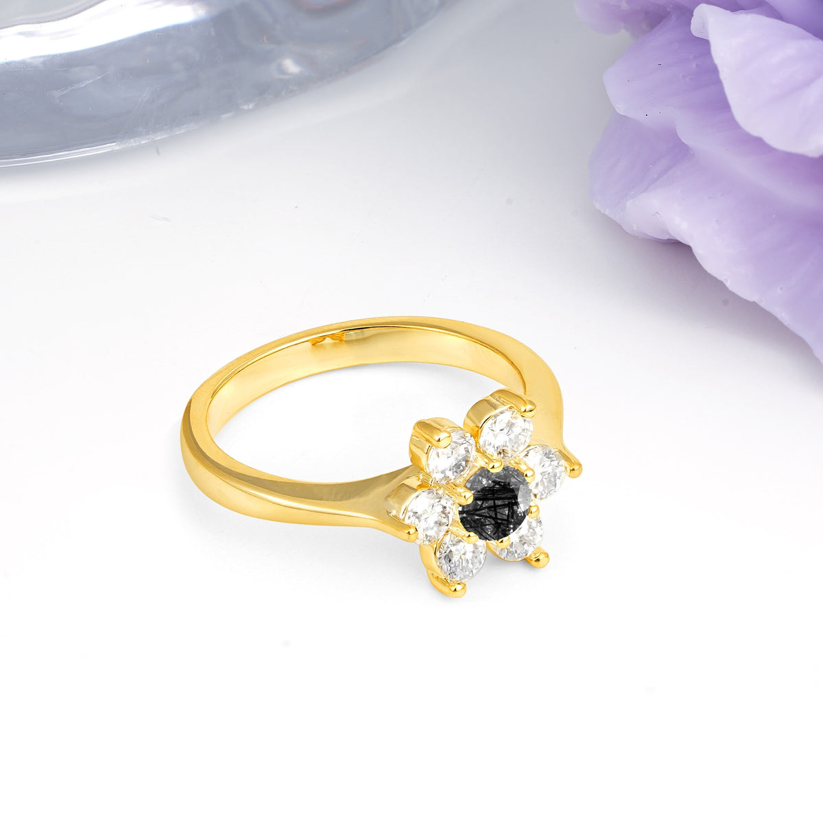 Unique Flower-Shaped 6-Prong Round Cut Black Rutilated Quartz Engagement Ring - Additional view