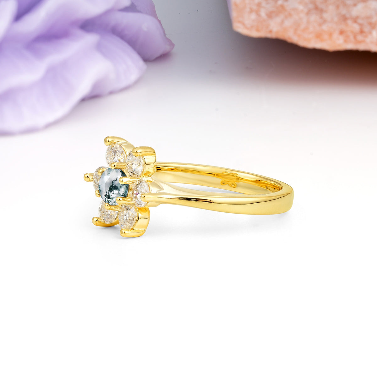 Unique Flower-Shaped 6-Prong Round Cut Moss Agate Engagement Ring - Additional view