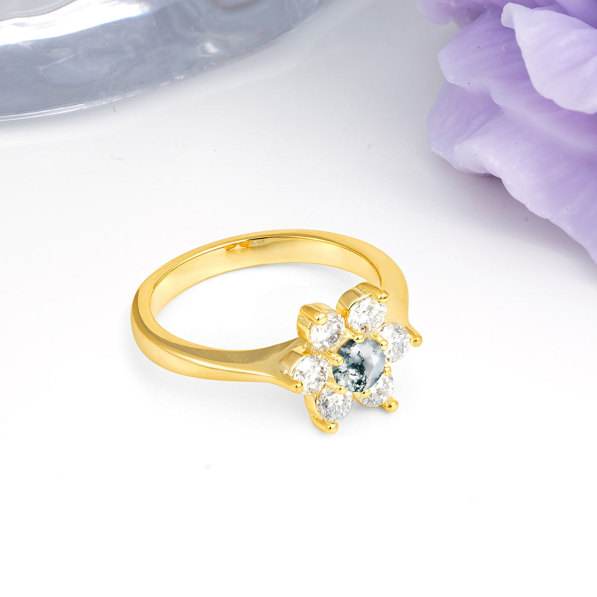 Unique Flower-Shaped 6-Prong Round Cut Moss Agate Engagement Ring - Additional view