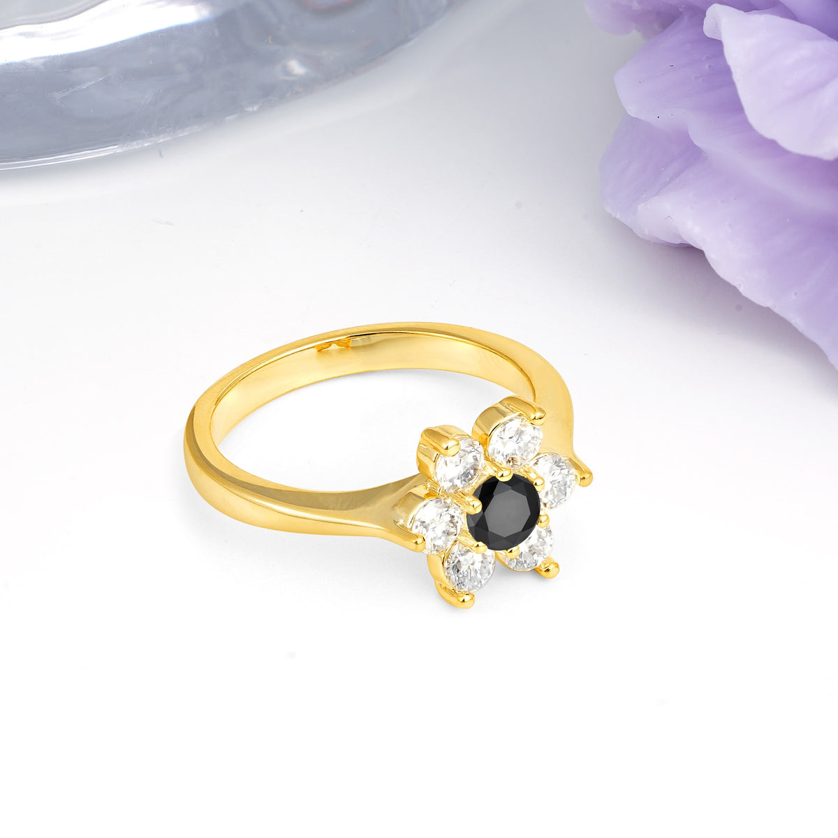 Unique Flower-Shaped 6-Prong Round Cut Black Onyx Engagement Ring - Additional view