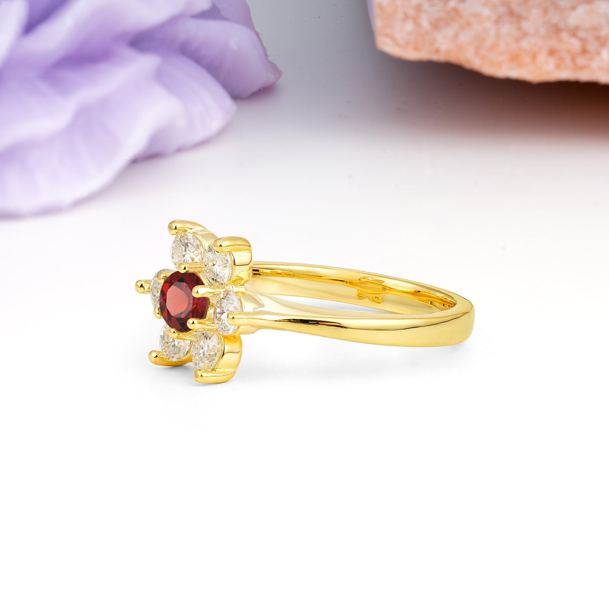 Unique Flower-Shaped 6-Prong Round Cut Garnet Engagement Ring - Additional view