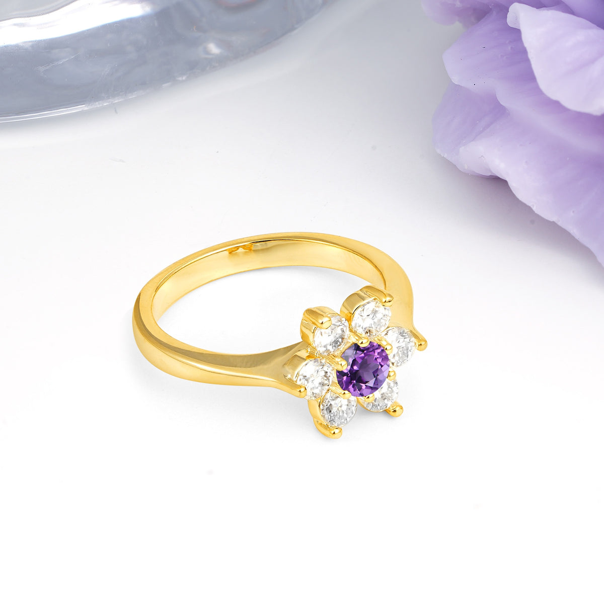 Unique Flower-Shaped 6-Prong Round Cut Amethyst Engagement Ring - Additional view