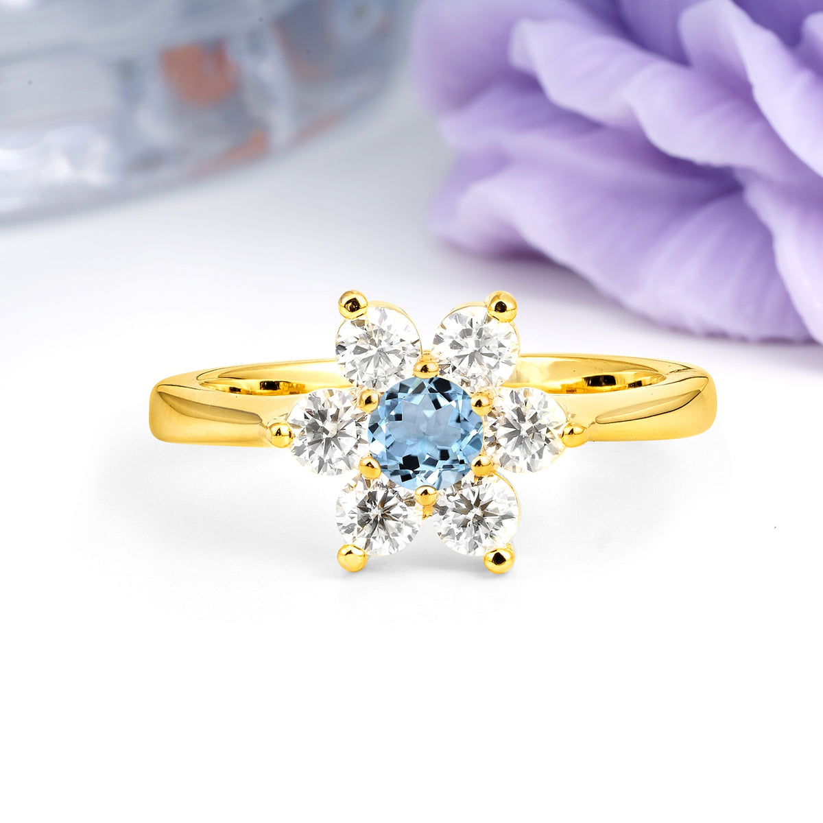 Unique Flower-Shaped 6-Prong Round Cut Aquamarine Engagement Ring - Additional view