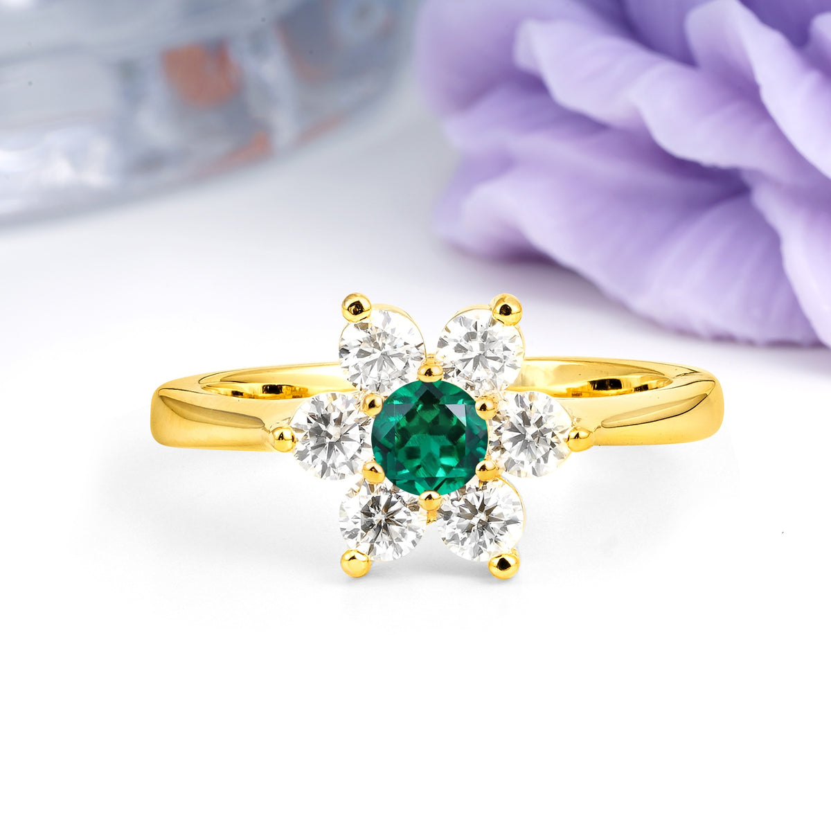 Unique Flower-Shaped 6-Prong Round Cut Emerald Engagement Ring - Additional view